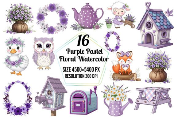 Purple Pastel Floral Clipart Bundle