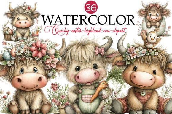 Quirky Easter Highland Cow Clipart
