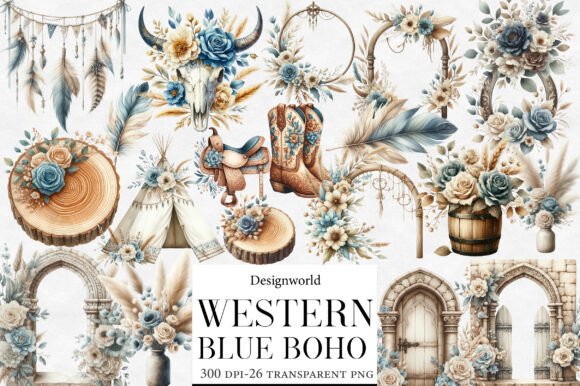 Watercolor Blue Western Boho Clipart: Versatile, Ready-to-Use Art for Creative Makers