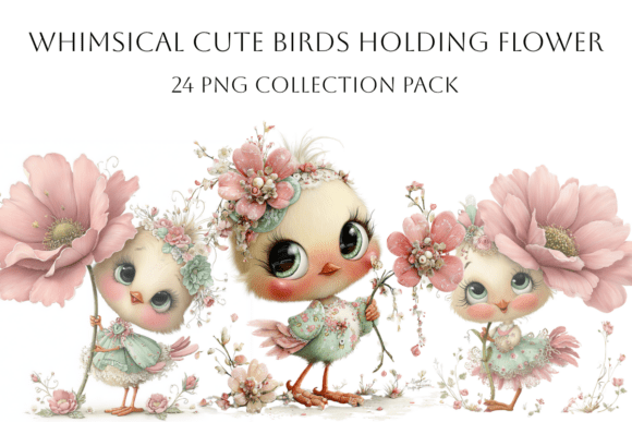 Whimsical Cute Birds Holding Flowers